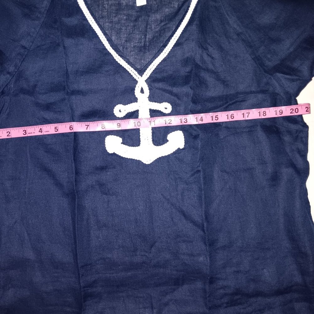 CHARTER CLUB COASTAL NAUTICAL ANCHOR TUNIC BLOUSE 100% LINEN BLUE WHITE LARGE - Picture 7 of 8